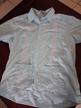 Roma Men's Light Blue Embroidered Guayabera Button-Down Shirt
